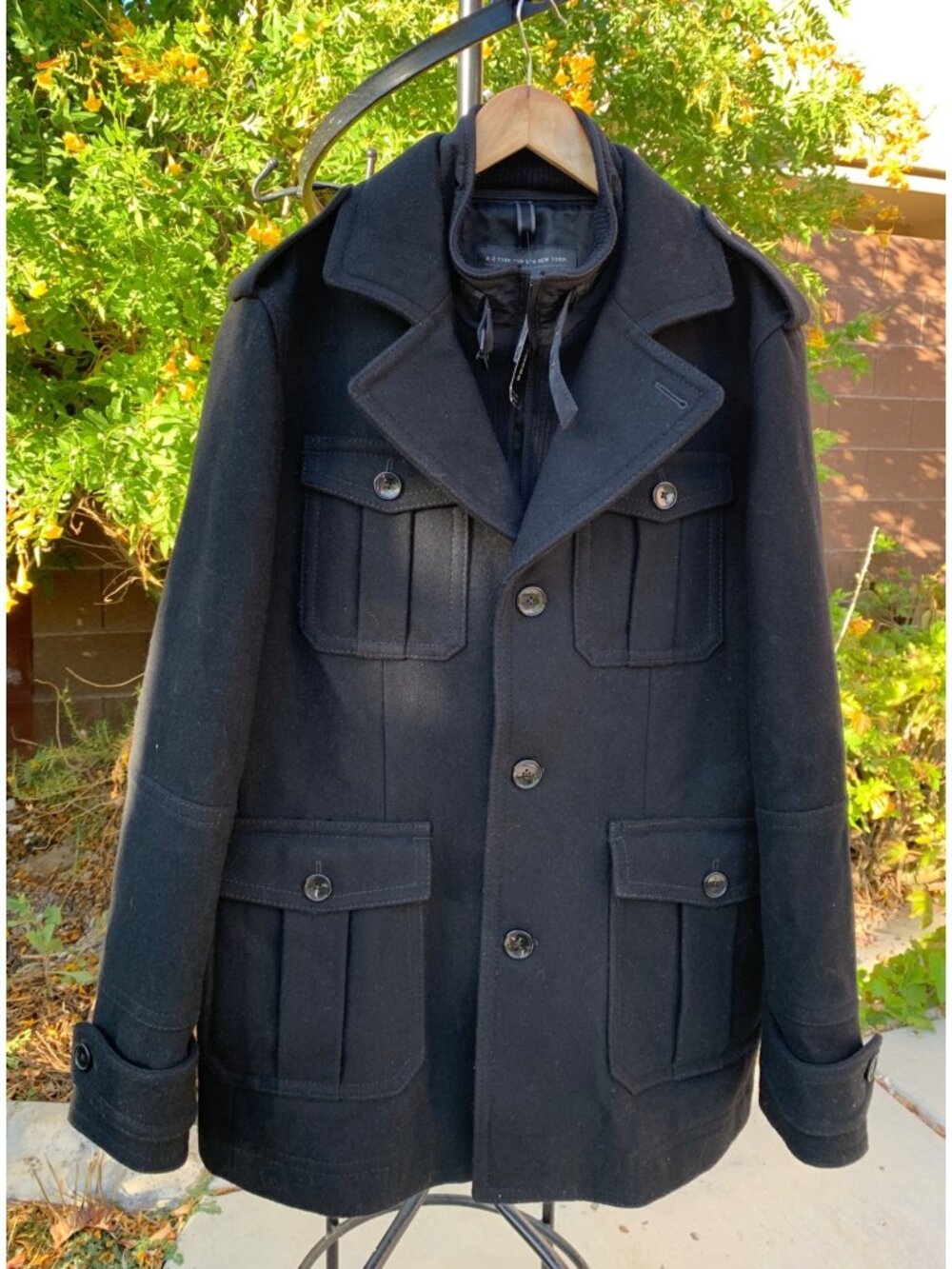 Express Mens Black Wool Military Peacoat Bib Size L NWT 2011 Deadstock $298